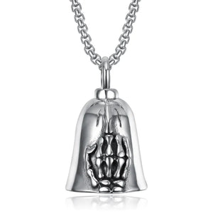 Gothic Skull Bones Finger Bell Biker Hand Pendant Necklace