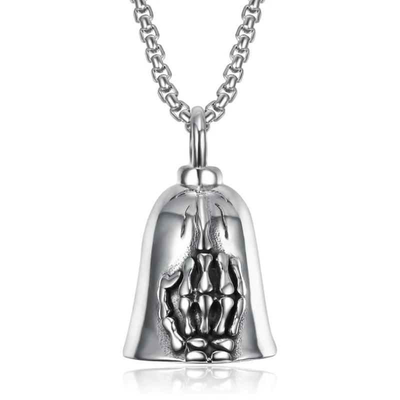 Gothic Skull Bones Finger Bell Biker Hand Pendant Necklace