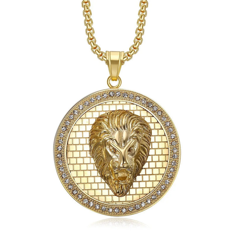 Plaid Lion Head Plate Domineering Necklace For Men