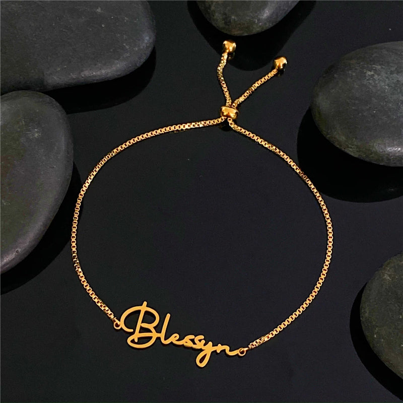 Personalized Name Bracelet for Women Stainless Steel Adjustable Box Chain