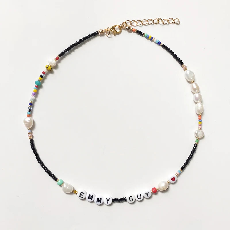 Personalized Name Necklace Black Rice Beads Natural Pearl Mix and Match Jewelry