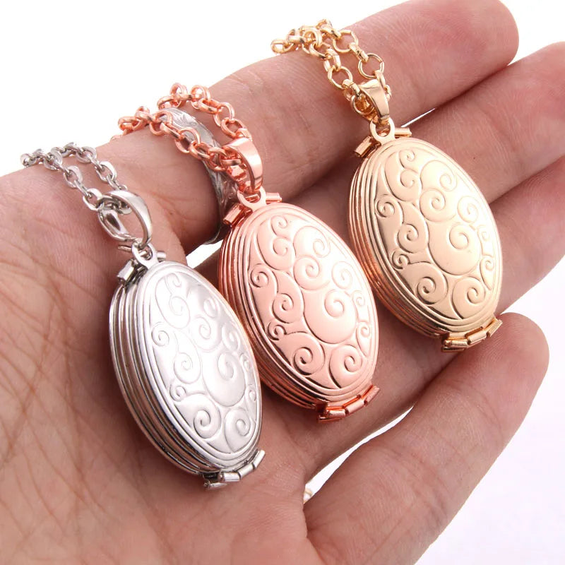 Photo Frame Memory Locket Pendant Necklace Gold Rose Flower Jewelry