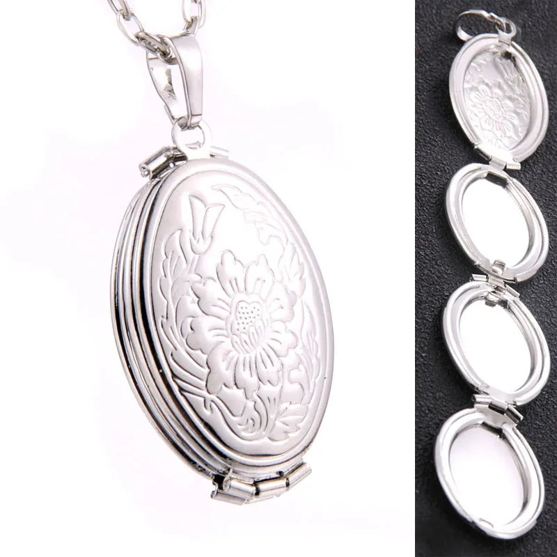 Photo Frame Memory Locket Pendant Necklace Gold Rose Flower Jewelry