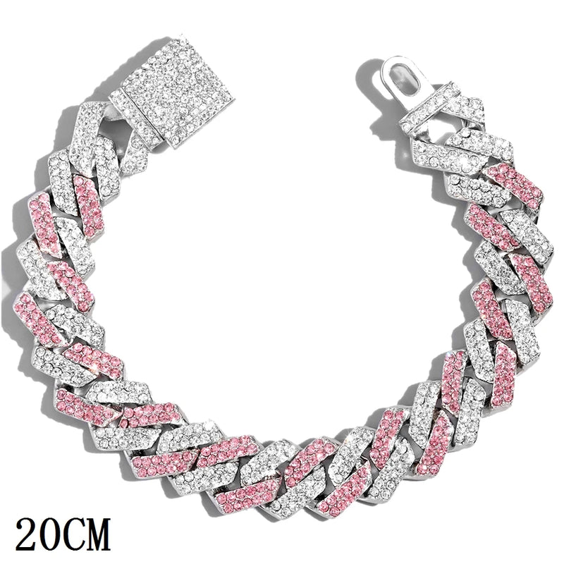 Pink Iced Out Crystal Prong Cuban Link Chain Bracelet for Women