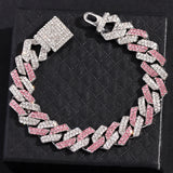Pink Iced Out Crystal Prong Cuban Link Chain Bracelet for Women
