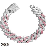 Pink Iced Out Crystal Prong Cuban Link Chain Bracelet for Women