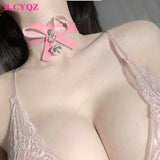 Pink Bow Collar Choker Bell Necklace Women Sweet Princess Jewelry