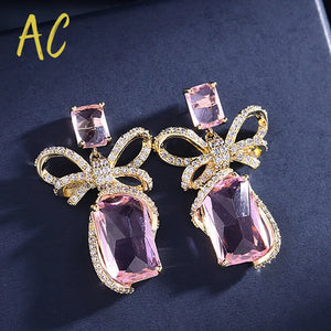 Pink Bowknots Earrings For Women Square Cubic Zircon Bow Jewelry