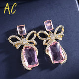 Pink Bowknots Earrings For Women Square Cubic Zircon Bow Jewelry