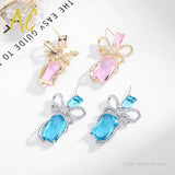Pink Bowknots Earrings For Women Square Cubic Zircon Bow Jewelry