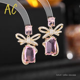 Pink Bowknots Earrings For Women Square Cubic Zircon Bow Jewelry