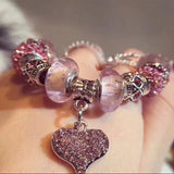 Pink Crystal Love Heart Charm Bracelet For Women European DIY Beads Bracelets