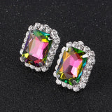 Pink Multicolor Crystal Oblong Clip Earrings Rhinestones