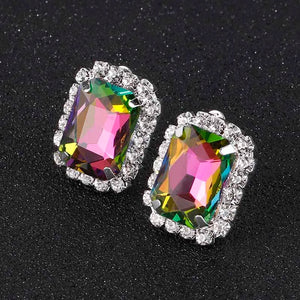 Pink Multicolor Crystal Oblong Clip Earrings Rhinestones
