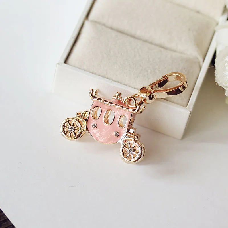 Pink Princess Carriage Charm Women Handbag Zipper Key Chains Small Pendant