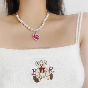 Pink Zircon Heart Pendant Necklace with Sweet Pearls
