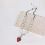 Pink Zircon Heart Pendant Necklace with Sweet Pearls