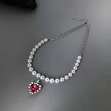 Pink Zircon Heart Pendant Necklace with Sweet Pearls