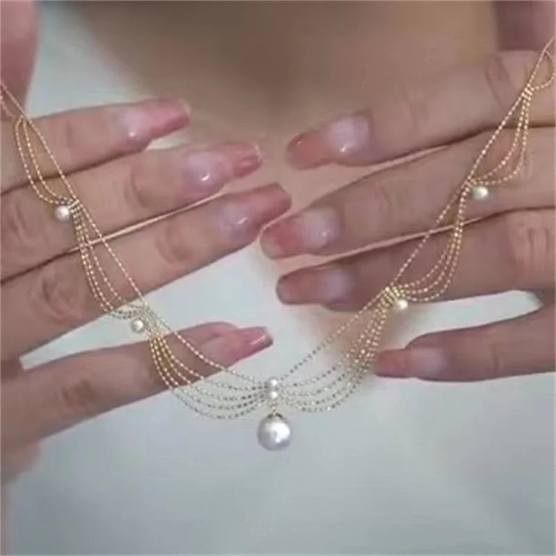 Palace Wind Wave pearl Fishtail Necklace Female Lace Collar Chain Pearl
