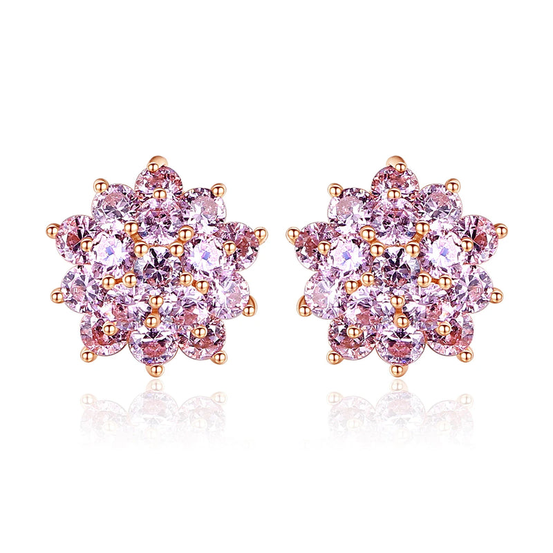 Sterling Silver Zircon Flower Stud Earrings Rose Pink Stone Fine Jewelry