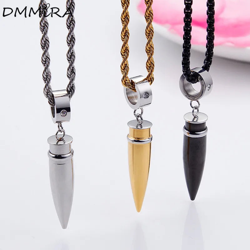 Punk Bullet Pendant Titanium Steel Cone Crystal Necklace