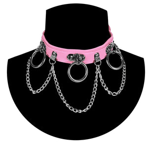 Punk Ring Chain Pendant Leather Necklace Collar Choker Goth