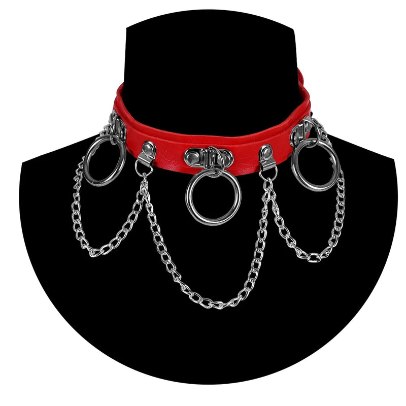 Punk Chain Pendant Leather Necklace Collar Choker Goth O-Ring Accessories