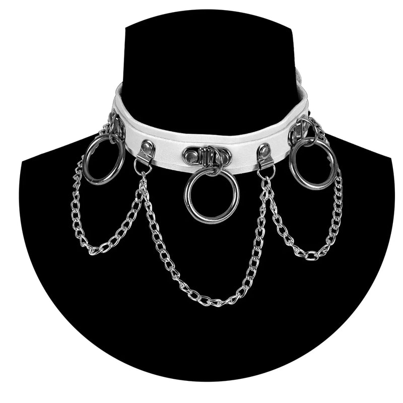 Punk Ring Chain Pendant Leather Necklace Collar Choker Goth