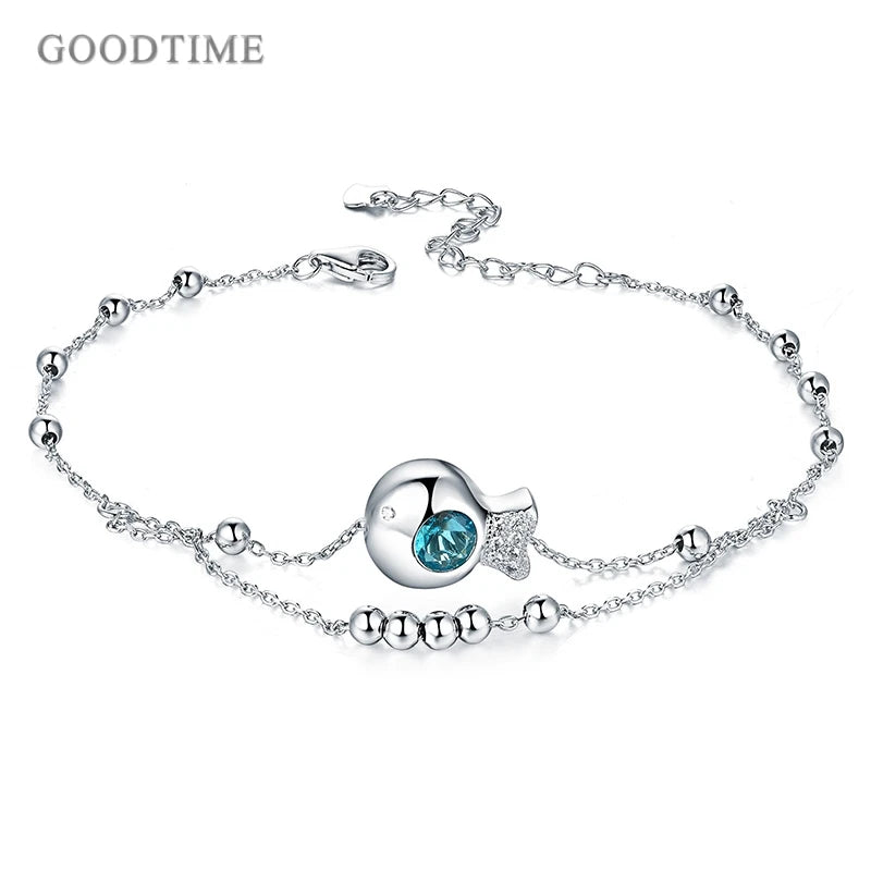 925 Sterling Silver Fish Crystal Anklet Round Beads Anklet