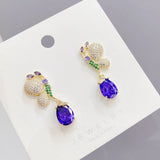 Purple CZ Butterfly Drop Earrings S925 Silver Dangler