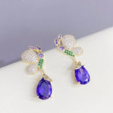 Purple CZ Butterfly Drop Earrings S925 Silver Dangler
