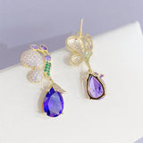 Purple CZ Butterfly Drop Earrings S925 Silver Dangler