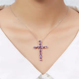 Purple CZ Zircon Cross Choker Necklace 925 Sterling Silver Fine Jewelry