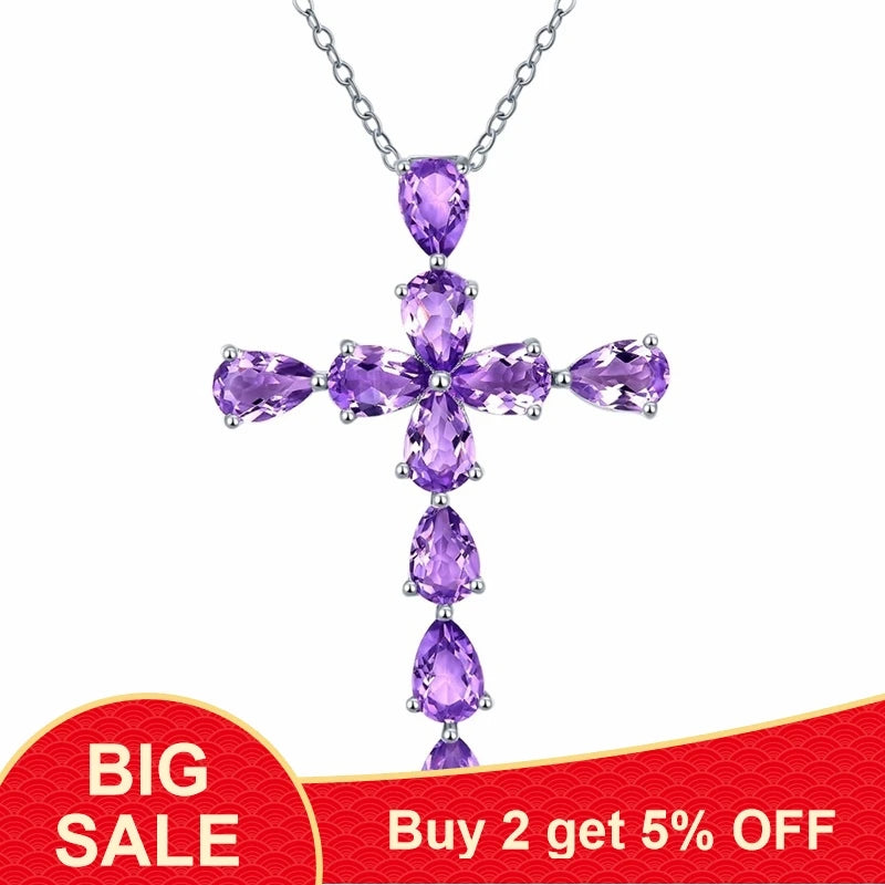 Purple CZ Zircon Cross Choker Necklace 925 Sterling Silver Fine Jewelry