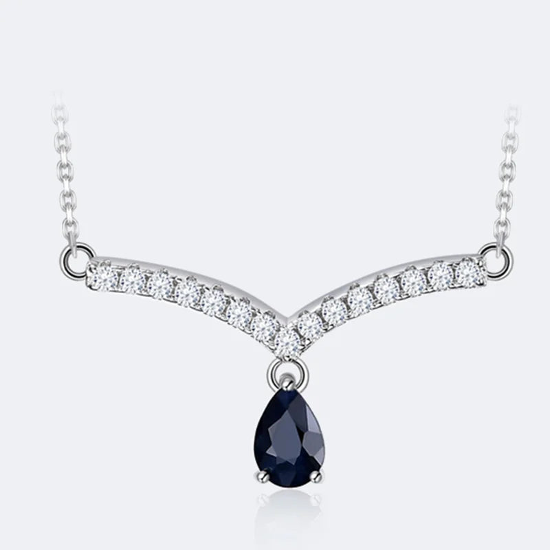 925 Silver Necklace Natural Sapphire Water Drop Pendant
