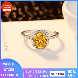 Yellow Cubiz Zirconia Ring for Women Real Tibetan Silver Wedding Jewelry