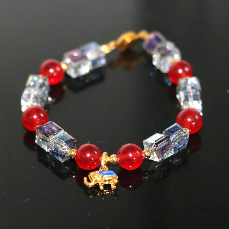 Red Chalcedony Jades Beads Bracelet Crystal Elephant Cloisonne Women Jewelry