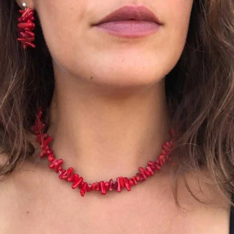 Red Coral Branch Jewelry Set - Natural Keychain Charm
