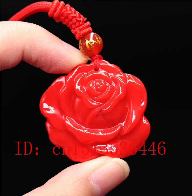 Red Jade Rose Pendant Necklace Chinese Hand-Carved Relax Healing Luck