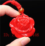 Red Jade Rose Pendant Necklace Chinese Hand-Carved Relax Healing Luck