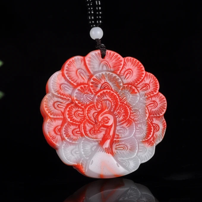 Red Jade Peacock Pendant Necklace Chinese Hand-Carved Luck Amulet