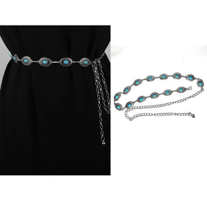 Bohemian Silver Metal Waist Chain Turquoise Dress Belt