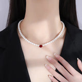 Fritillary Pearl Necklace Red Crystal Pendant Gift