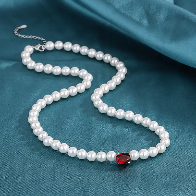 Fritillary Pearl Necklace Red Crystal Pendant Gift