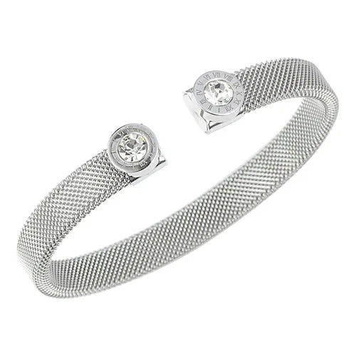 Rhinestone Bangle Open Cuff Roman Numerals Bracelet Stainless Steel Women