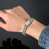 12mm Iced Out Cuban Link Chain Bracelet - Silver Bling Rhinestone Jewelry
