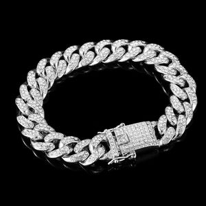 12mm Iced Out Cuban Link Chain Bracelet - Silver Bling Rhinestone Jewelry