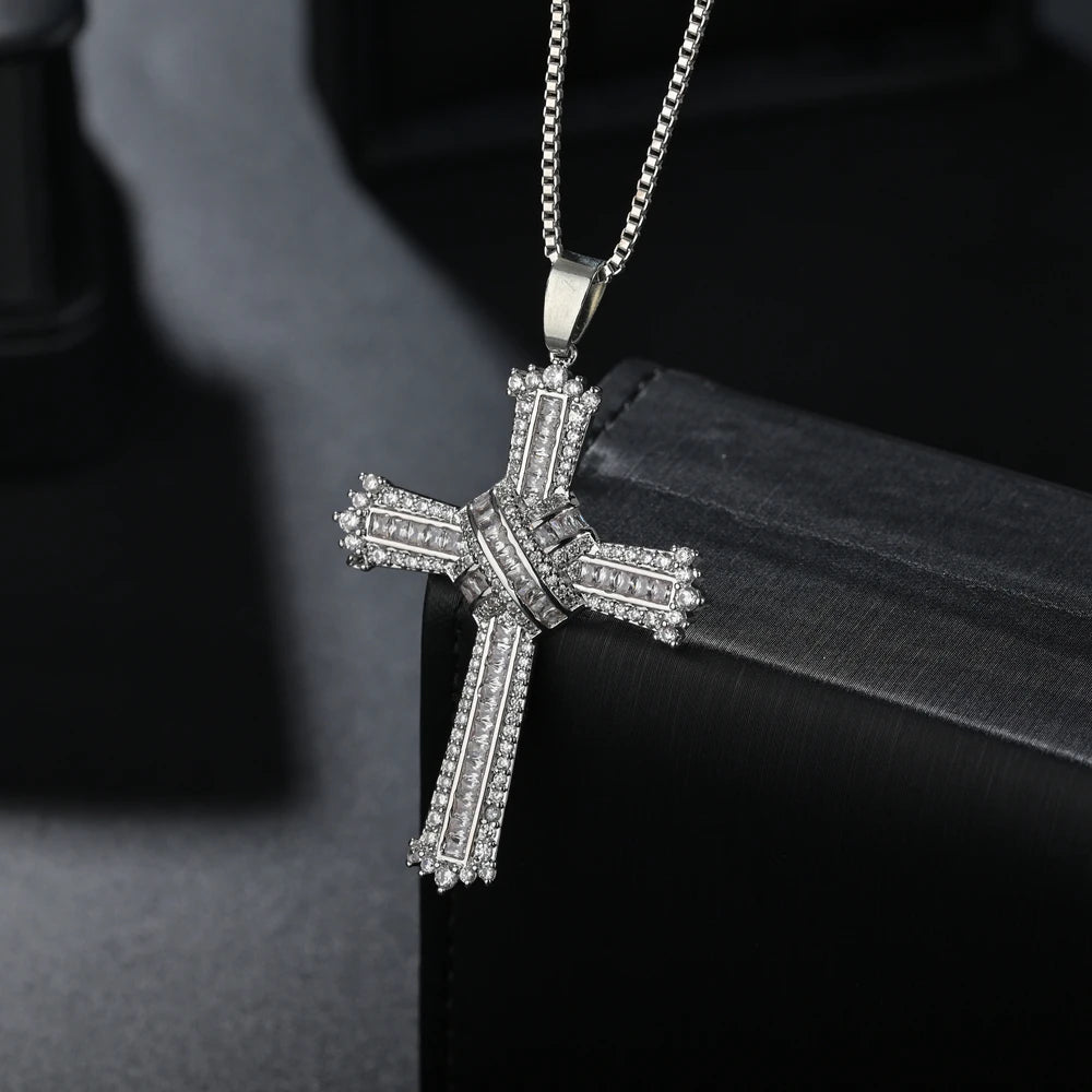 Vintage Silver Cross Choker Necklace Rhinestone Crystal Women Pendant