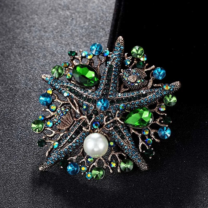 Starfish Brooch Pin Rhinestone Crystal Pearl Jewelry
