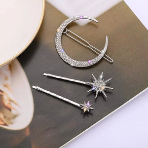 Rhinestone Star Moon Hair Clips Antique Silver Bang Barrettes Hairpins